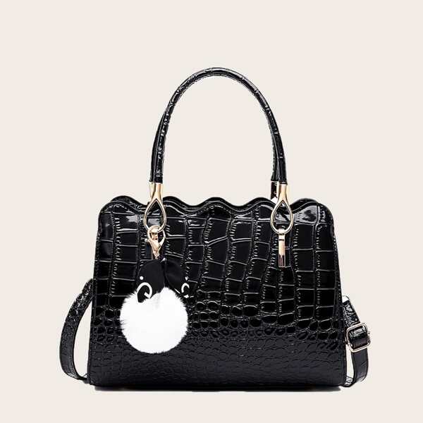 

Croc Embossed Chain Satchel Bag With Pom Pom, Black