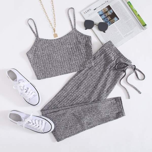 

Plus Rib-knit Cami Top & Knot Front Leggings Set, Grey