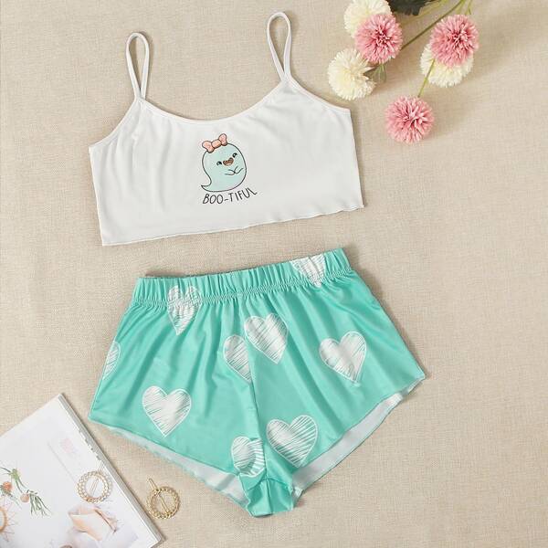 

Cartoon And Heart Print PJ Set, Multicolor