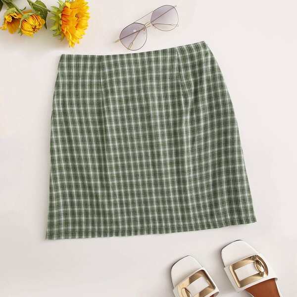 

Plus Plaid Straight Short Skirt, Green