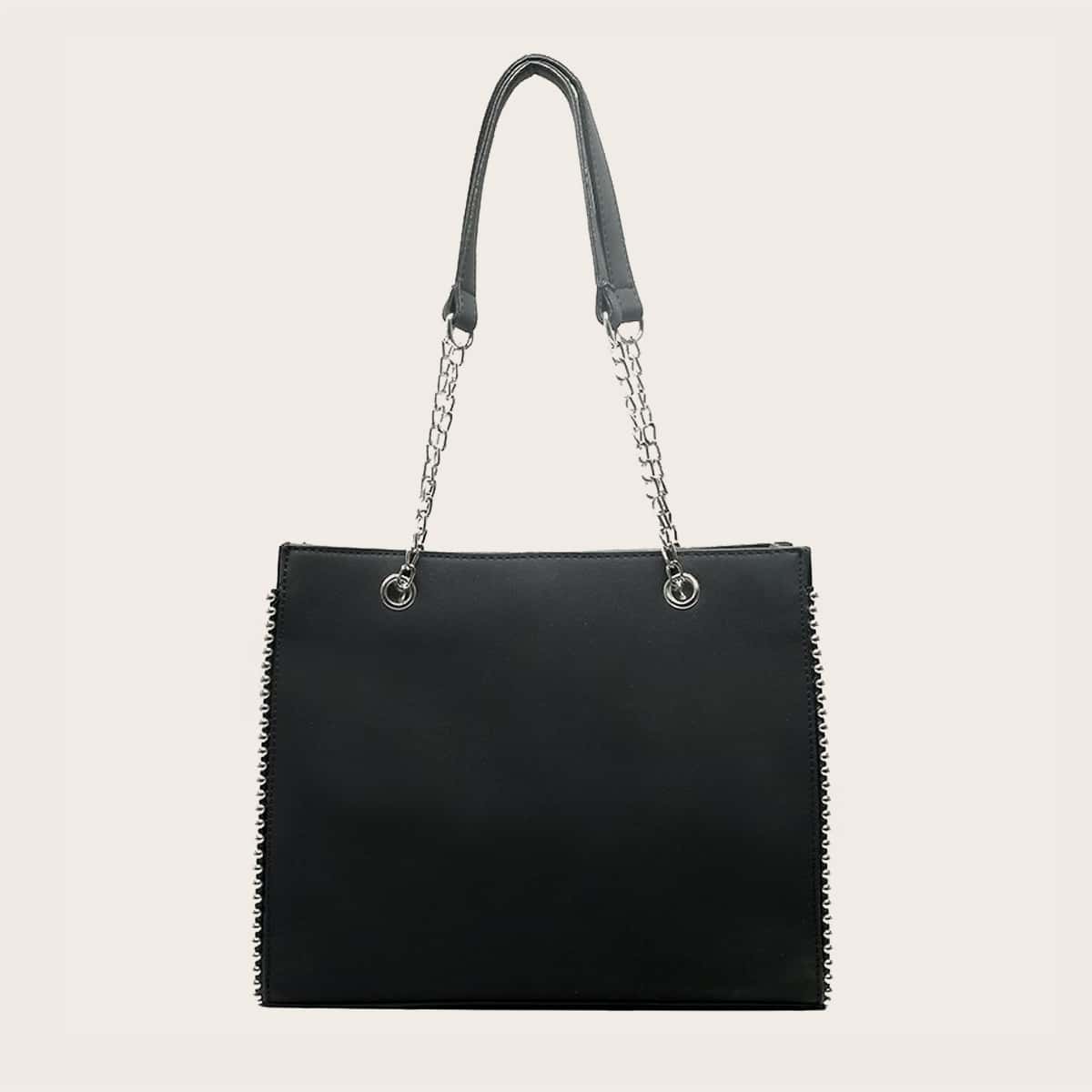

Studded Decor Chain Tote Bag, Black