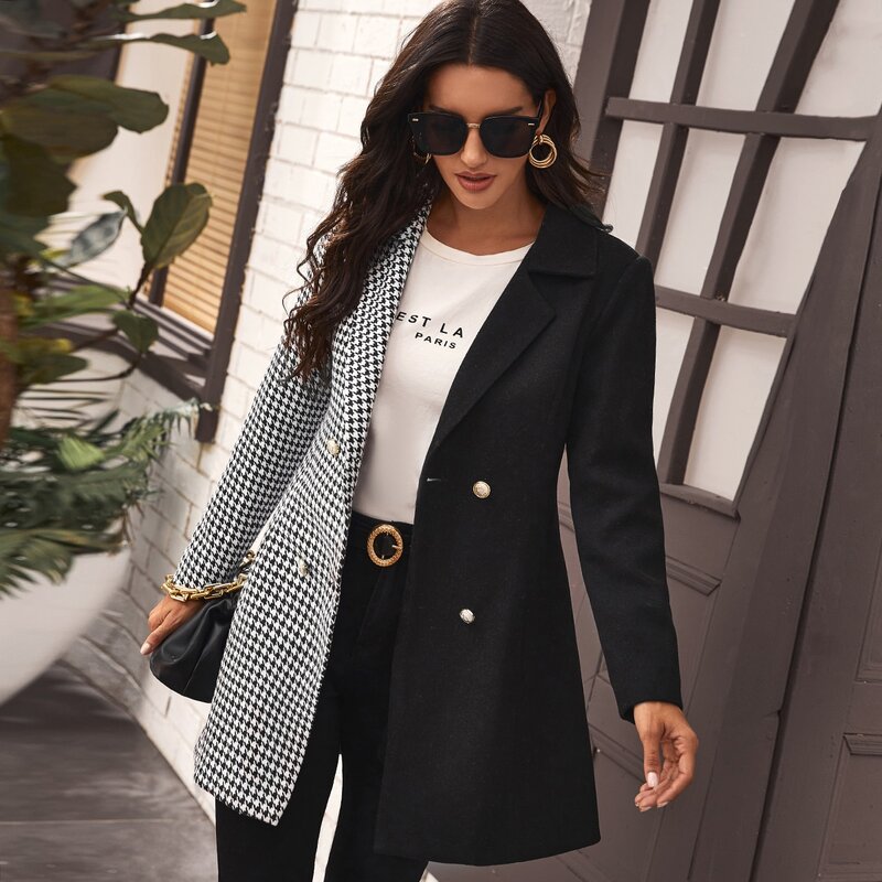 

Houndstooth Colorblock Double Breasted Blazer, Black and white