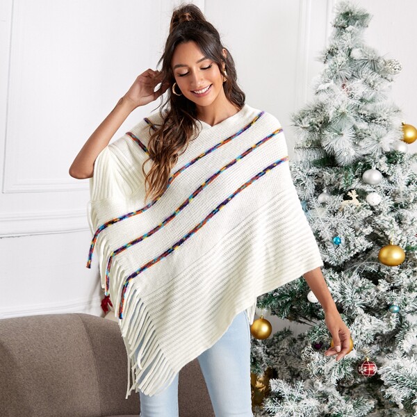 

Striped Fringe Hem Poncho Sweater, White