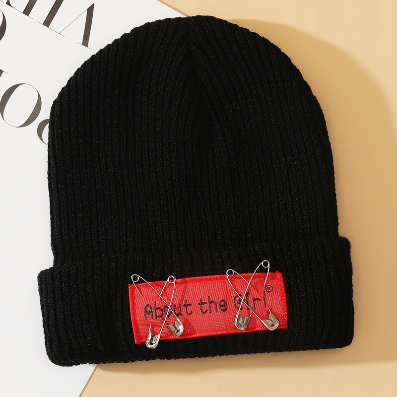 

Paper Clip Slogan Knit Beanie, Black