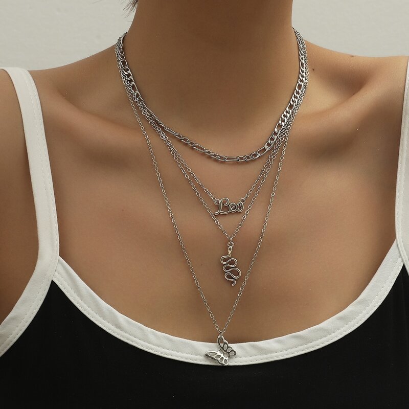 

Butterfly & Snake Layered Chain Necklace, Silver