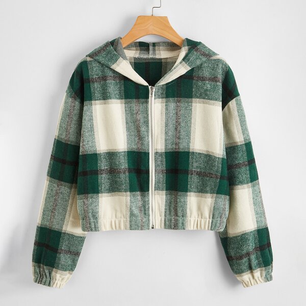 

Plaid Zip Front Hooded Crop Jacket, Multicolor