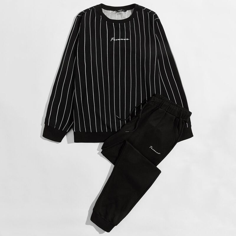 

Guys Letter Embroidery Striped Pullover & Sweatpants Set, Black