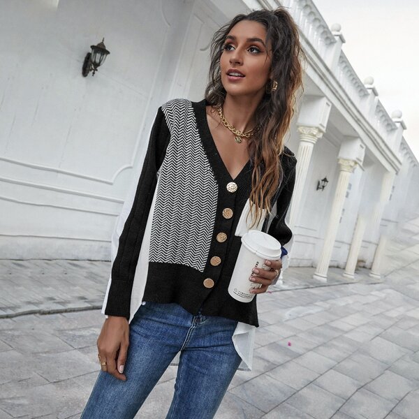 

Contrast Panel Chevron Pattern High Low Cardigan, Black and white