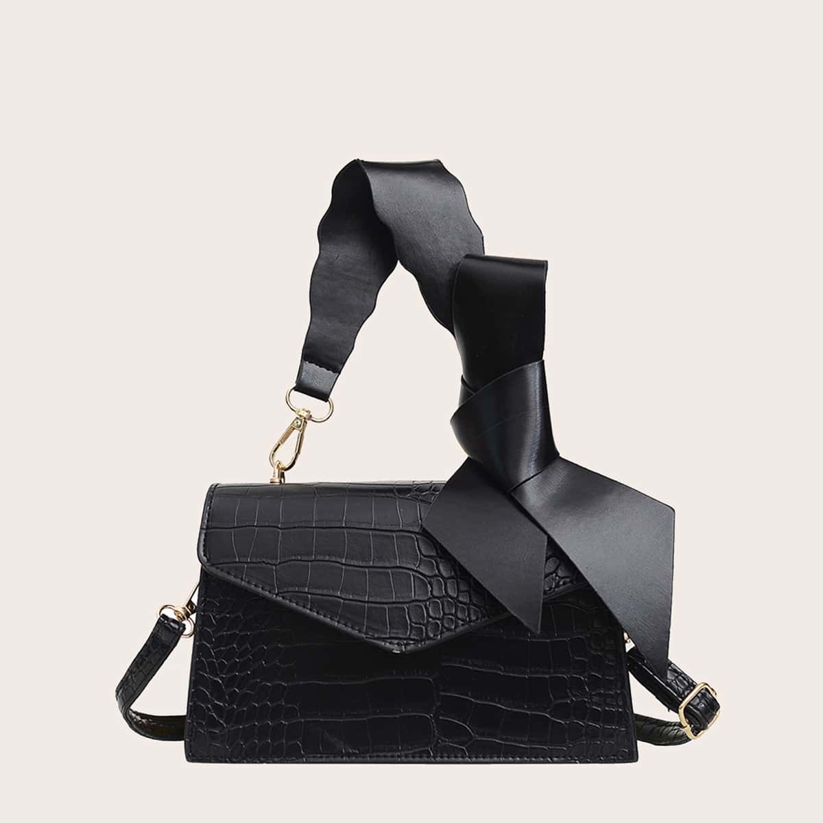 

Croc Embossed Satchel Bag, Black