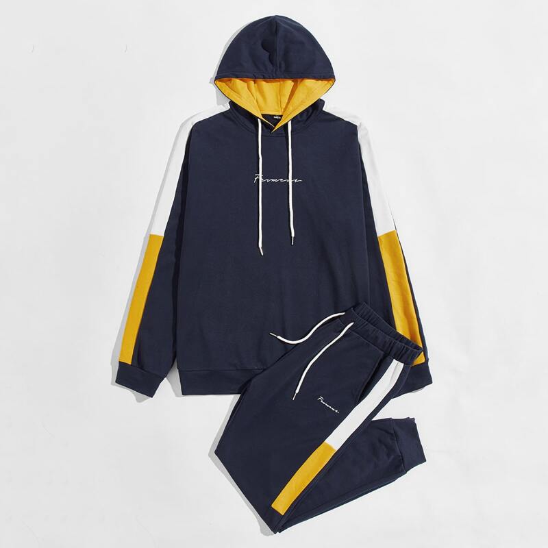 

Guys Letter Embroidery Hoodie & Contrast Sideseam Sweatpants Set, Navy blue