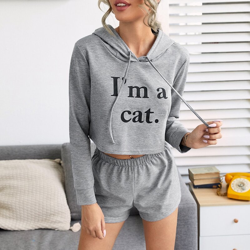 

Slogan Crop Hoodie & Shorts Lounge Set, Grey