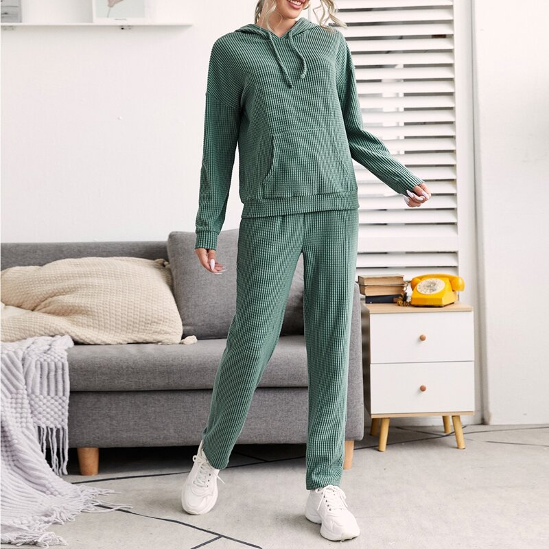 

Textured Drop Shoulder Top & Drawstring Waist Pants PJ Set, Teal blue