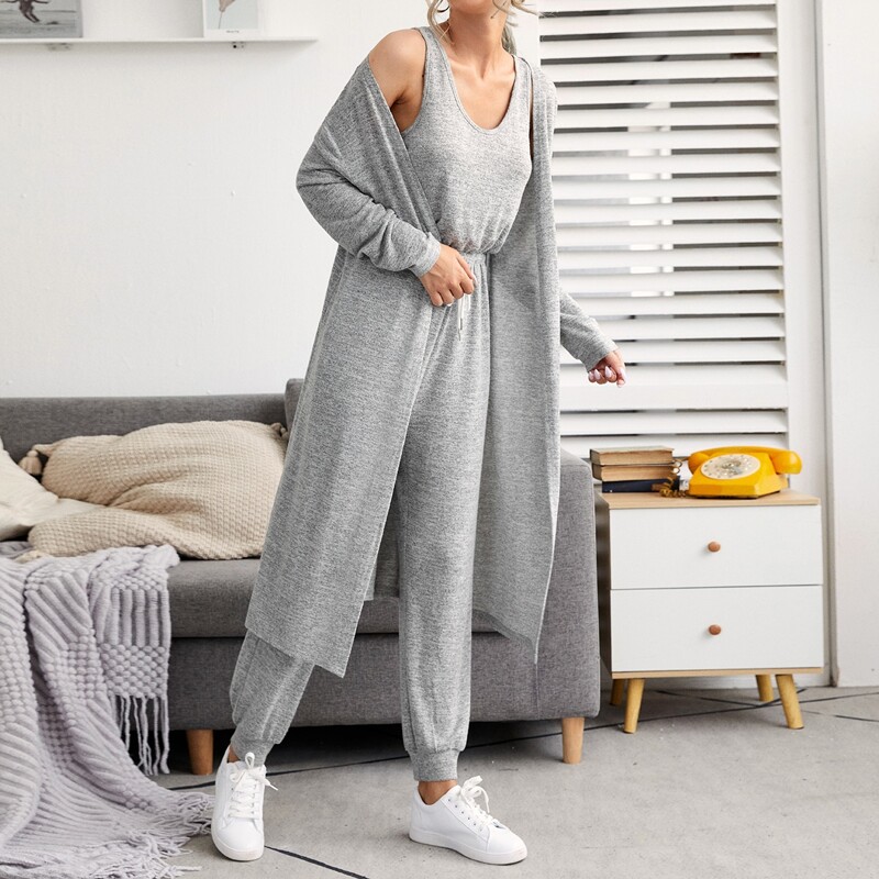 

3pcs Heather Gray Drawstring Waist PJ Set & Robe, Light grey