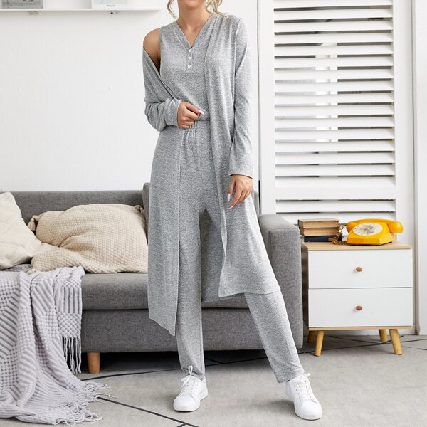 

3pcs Heather Gray PJ Set & Robe, Light grey