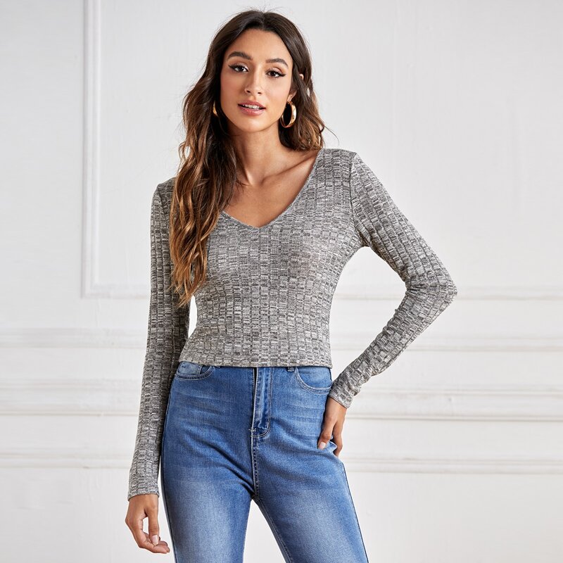 

V-neck Fitted Tee, Grey