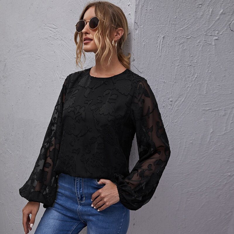 

Bishop Sleeve Textured Top, Black