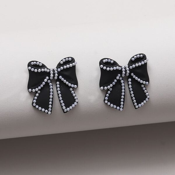 

Faux Pearl Decor Bow Earrings, Black