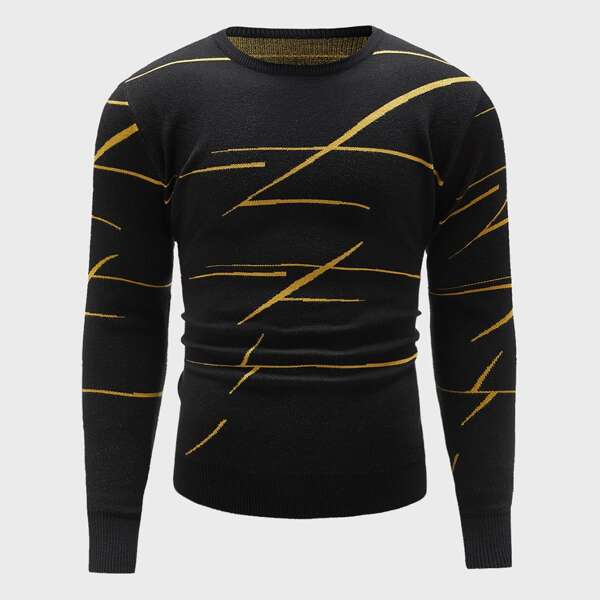

Men Line Pattern Crew Neck Sweater, Black