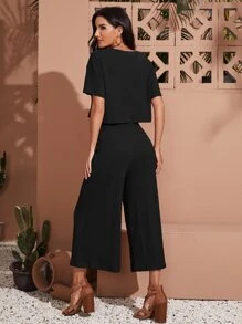 SHEIN LUNE Drop Shoulder Crop Tee & Wide Leg Trousers Set - Black - View 2