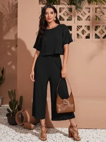 SHEIN LUNE Drop Shoulder Crop Tee & Wide Leg Trousers Set - Black - View 3