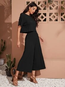 SHEIN LUNE Drop Shoulder Crop Tee & Wide Leg Trousers Set - Black - View 4