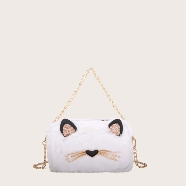 

Cartoon Decor Chain Fluffy Satchel Bag, White