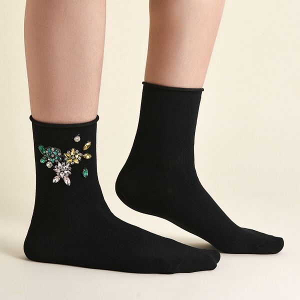 

Rhinestone Decor Socks, Black
