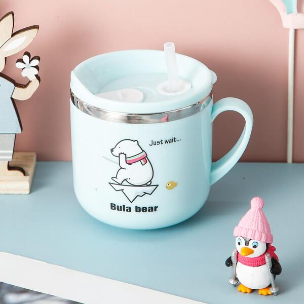 

1pc Bear Print Straw Cup, Blue