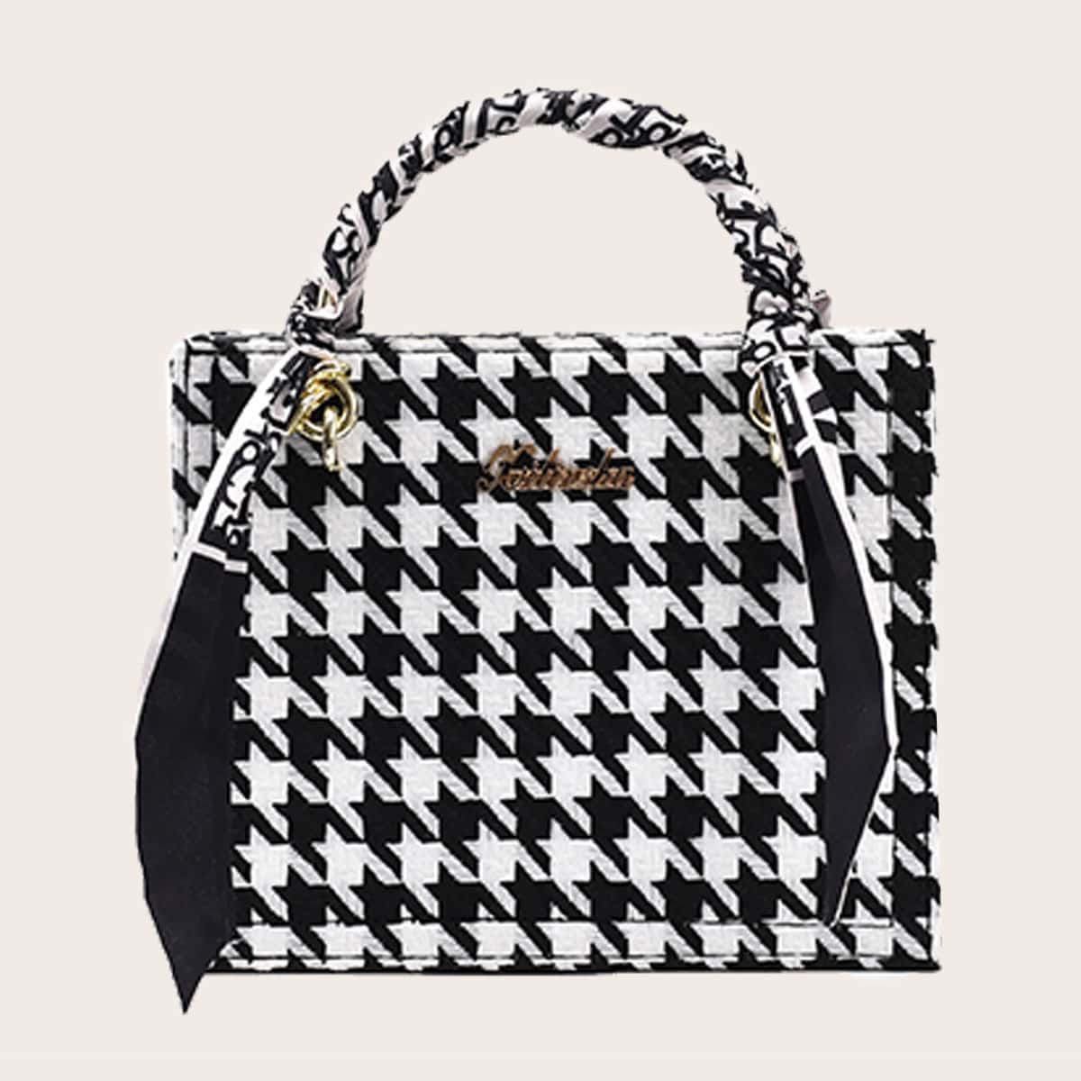 

Houndstooth Satchel Bag, Black and white