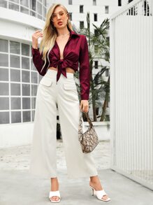 SHEIN Privé Tie Front Satin Top - Maroon - View 4