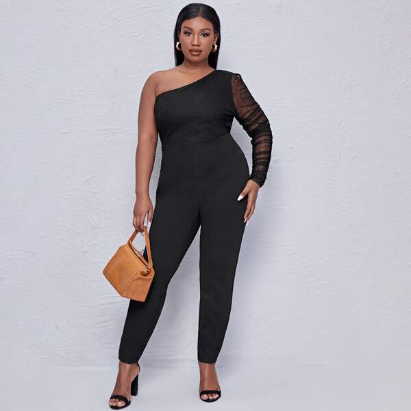

Plus One Shoulder Dobby Mesh Bodice Jumpsuit, Black