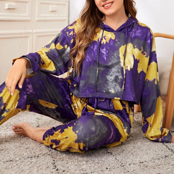 

Plus Tie Dye Drawstring Hooded Pajama Set, Multicolor