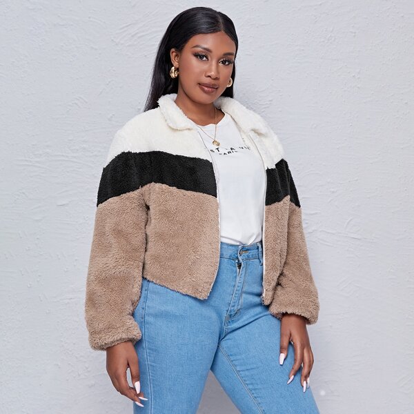 

Plus Zip Up Color Block Teddy Jacket, Multicolor