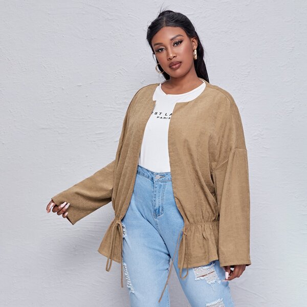 

Plus Drop Shoulder Knotted Ruffle Hem Coat, Khaki