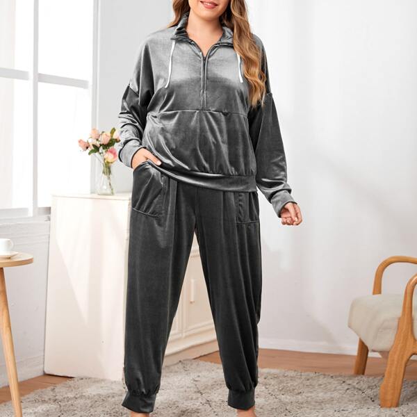 

Plus Velvet Half Zipper Top With Pants Pajama Set, Dark grey
