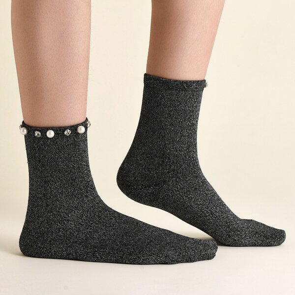

2pairs Rhinestone Decor Socks, Multicolor
