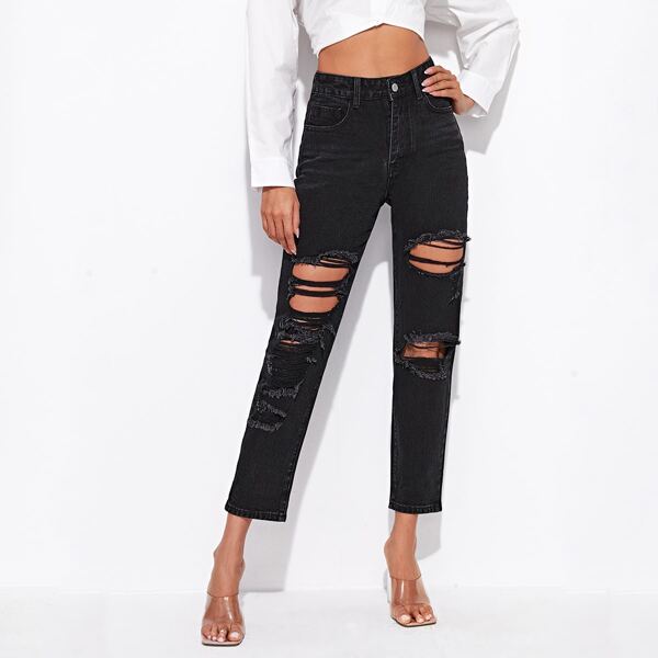 

Ripped Crop Straight Leg Jeans, Black