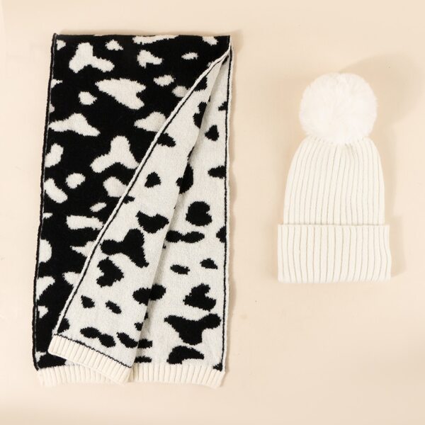

2pcs Pom Pom Decor Beanie & Scarf, Black and white