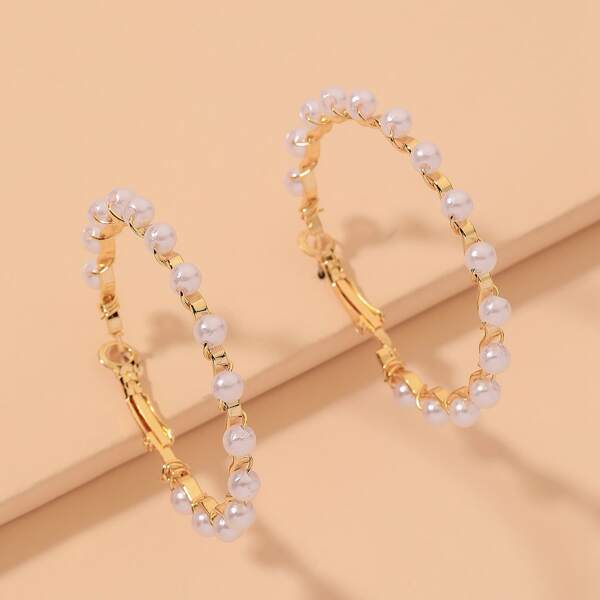 

Faux Pearl Decor Hoop Earrings, Gold
