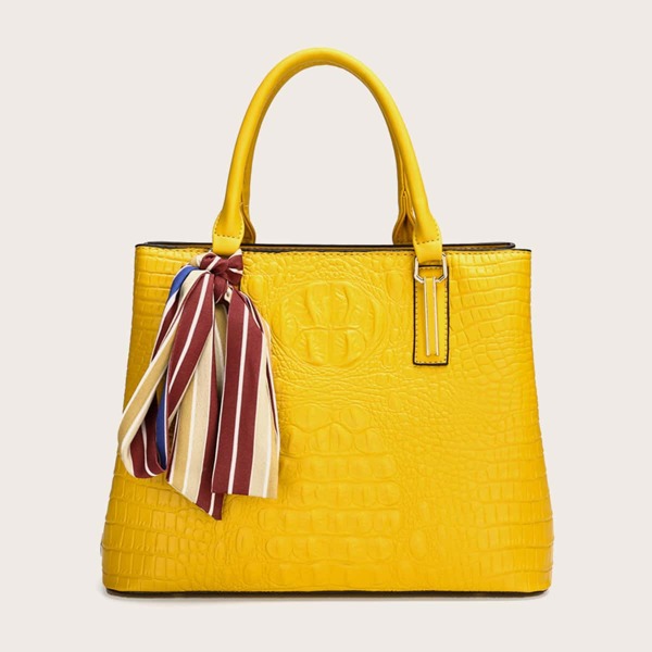 

Croc Embossed Tote Bag With Random Twilly Scarf, Yellow