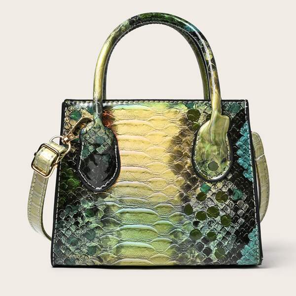 

Snakeskin Print Satchel Bag, Green