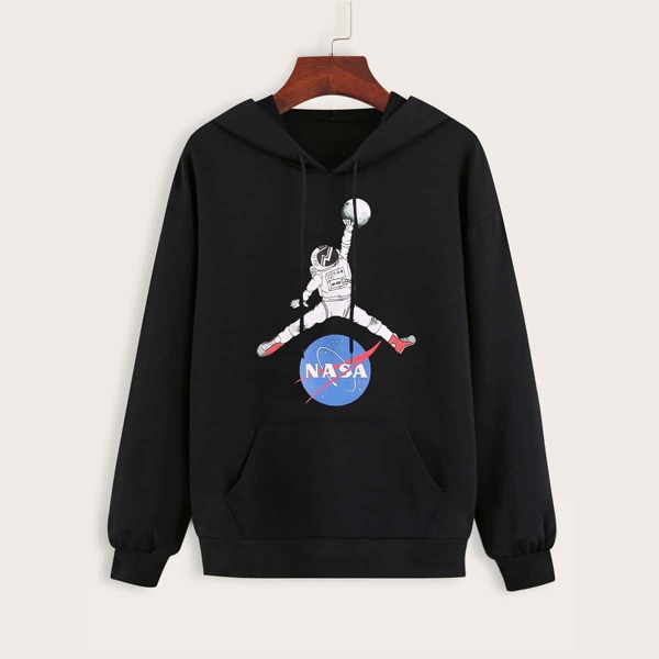 

Astronaut & Letter Graphic Drawstring Hoodie, Black
