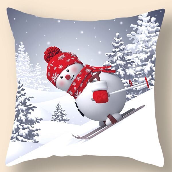 

Christmas Snowman Print Cushion Cover Without Filler, Multicolor