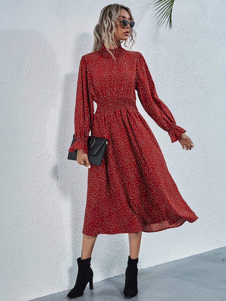 SHEIN Privé 打褶領和腰波卡圓點連衣裙 - 紅色 - 查看 1