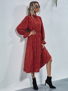 SHEIN Privé 打褶領和腰波卡圓點連衣裙 - 紅色 - 查看 3