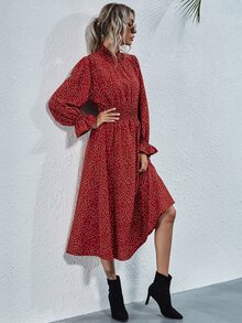 SHEIN Privé 打褶領和腰波卡圓點連衣裙 - 紅色 - 查看 4