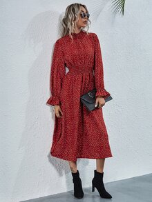 SHEIN Privé 打褶領和腰波卡圓點連衣裙 - 紅色 - 查看 5