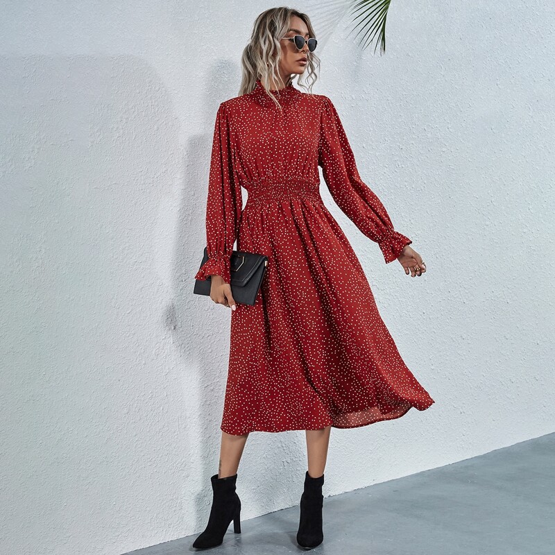 

Shirred Neck & Waist Polka Dot Dress, Red