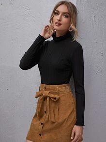 SHEIN Stand Collar Lettuce Trim Rib-knit Tee