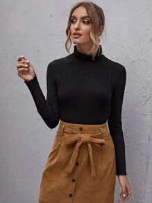 SHEIN Stand Collar Lettuce Trim Rib-knit Tee